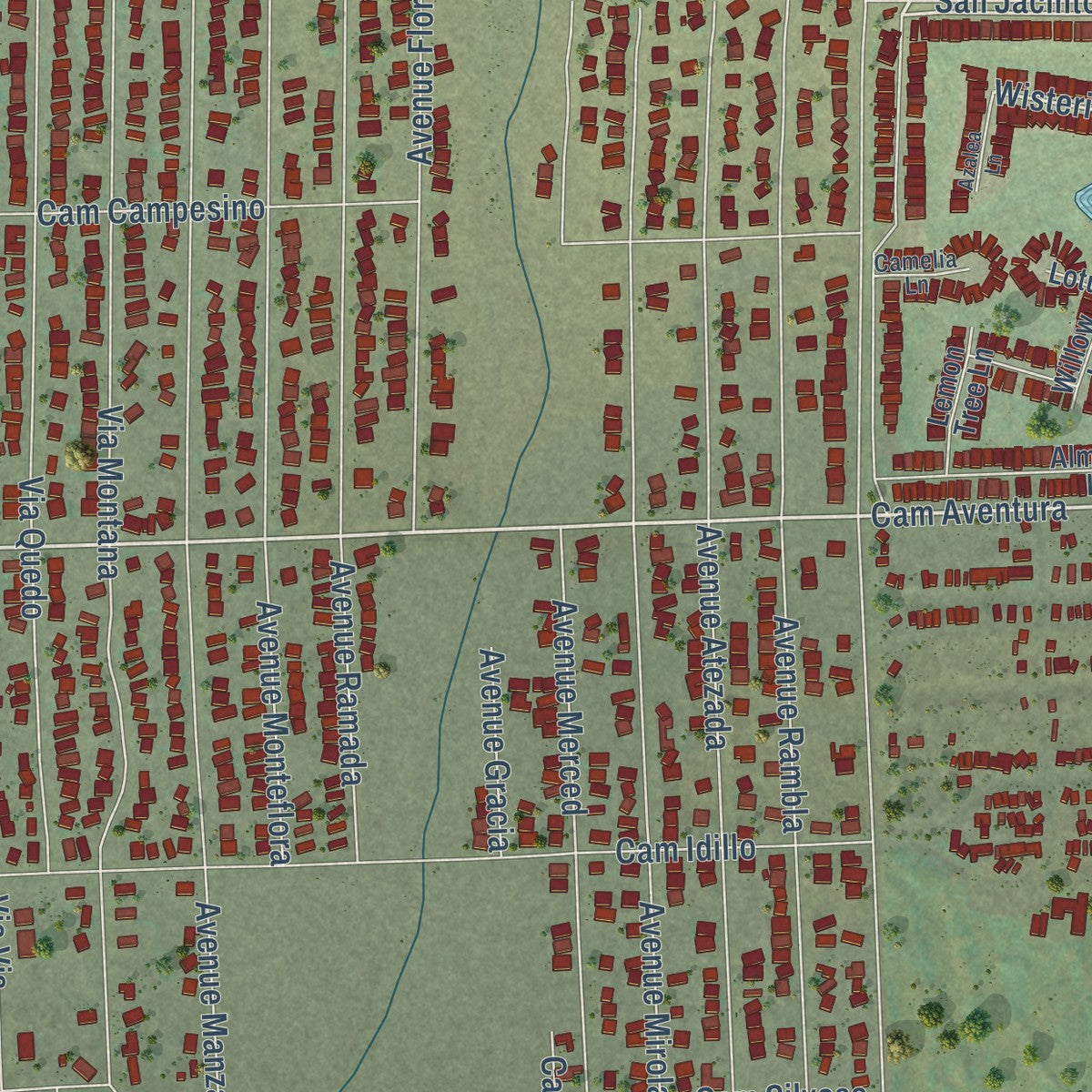 Close-up of the map of Garnet, California print showing street and building detail