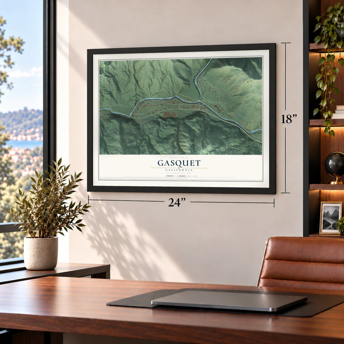 Gasquet, California map, 18 x 24 inch print in a black frame in a home office