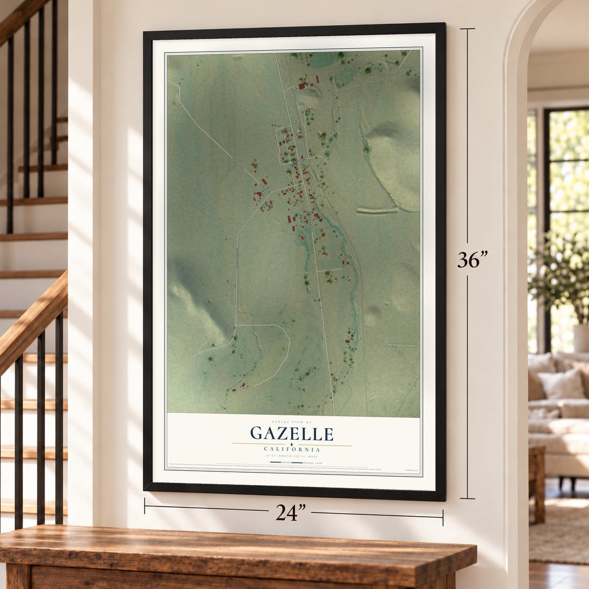 Gazelle, California map, 24 x 36 inch print in a black frame by a staircase