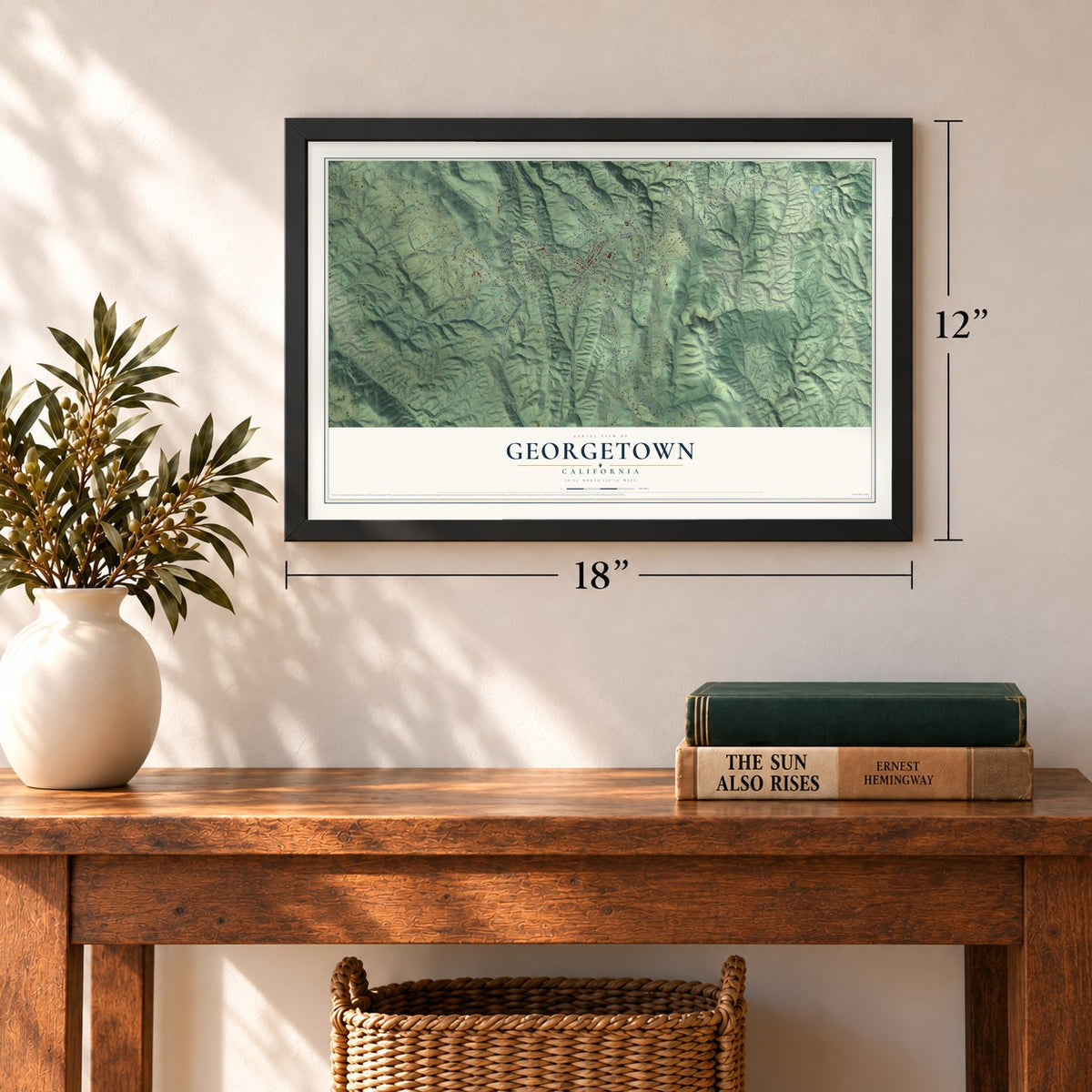 Georgetown, California map, 12 x 18 inch print in a black frame in an entryway