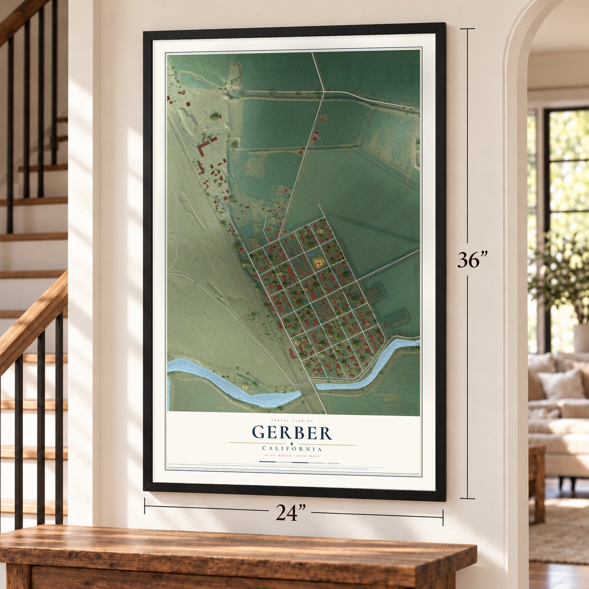 Gerber, California map, 24 x 36 inch print in a black frame by a staircase