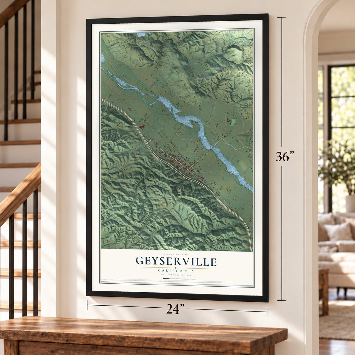 Geyserville, California map, 24 x 36 inch print in a black frame by a staircase