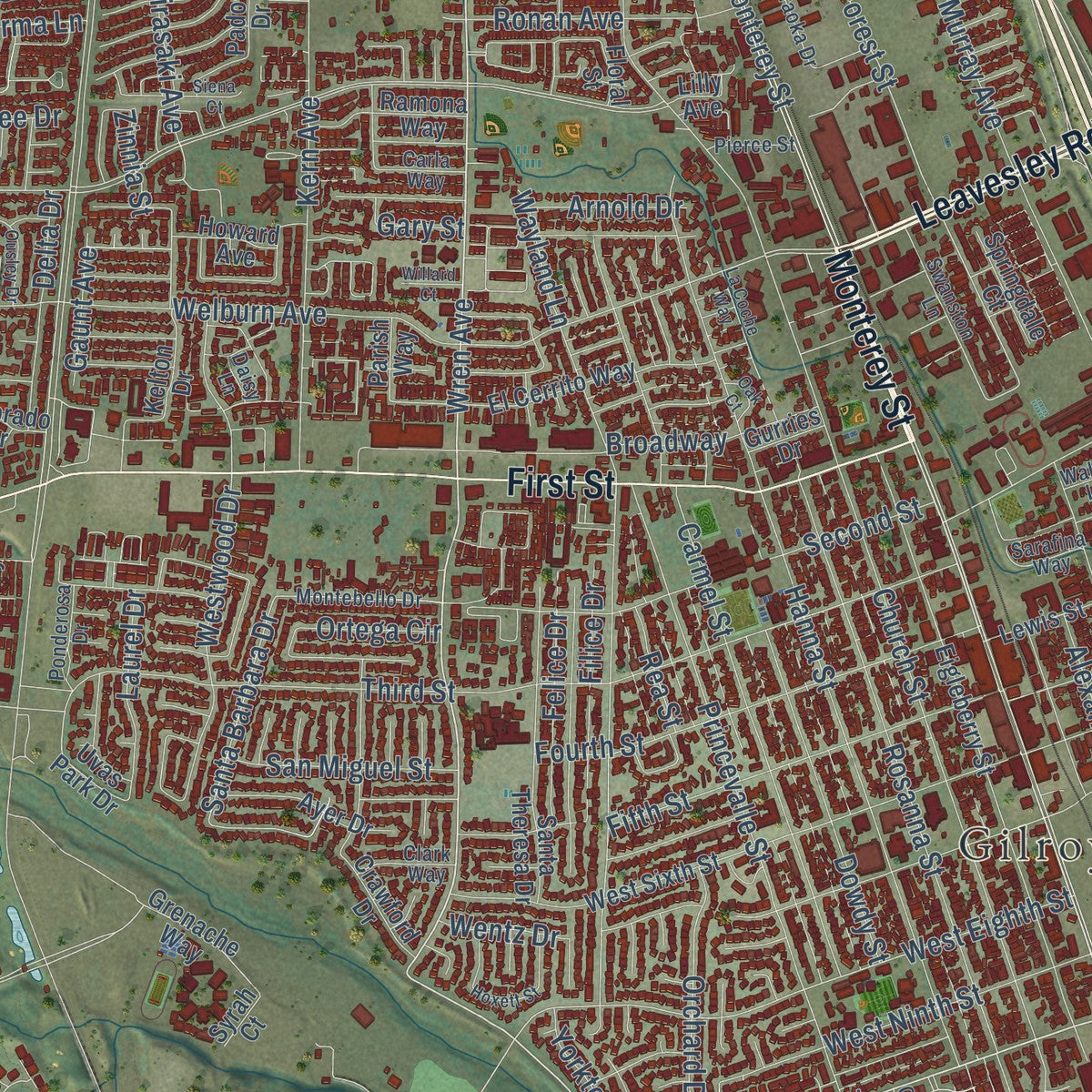 Close-up of the map of Gilroy, California print showing street and building detail
