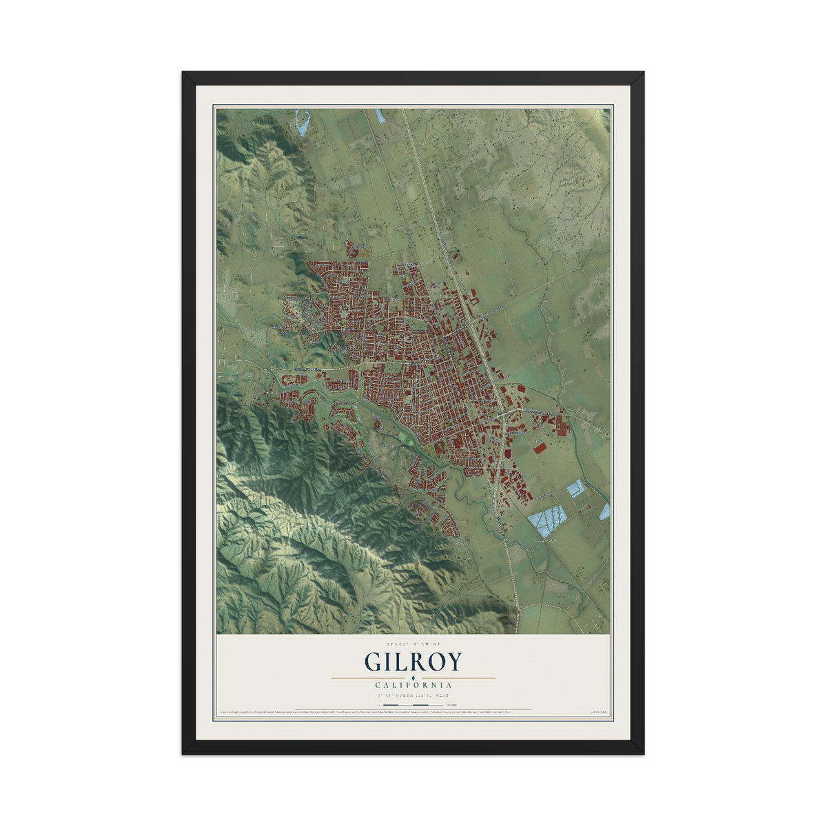 Map of Gilroy, California, 12 x 18 inch print in a black wood frame
