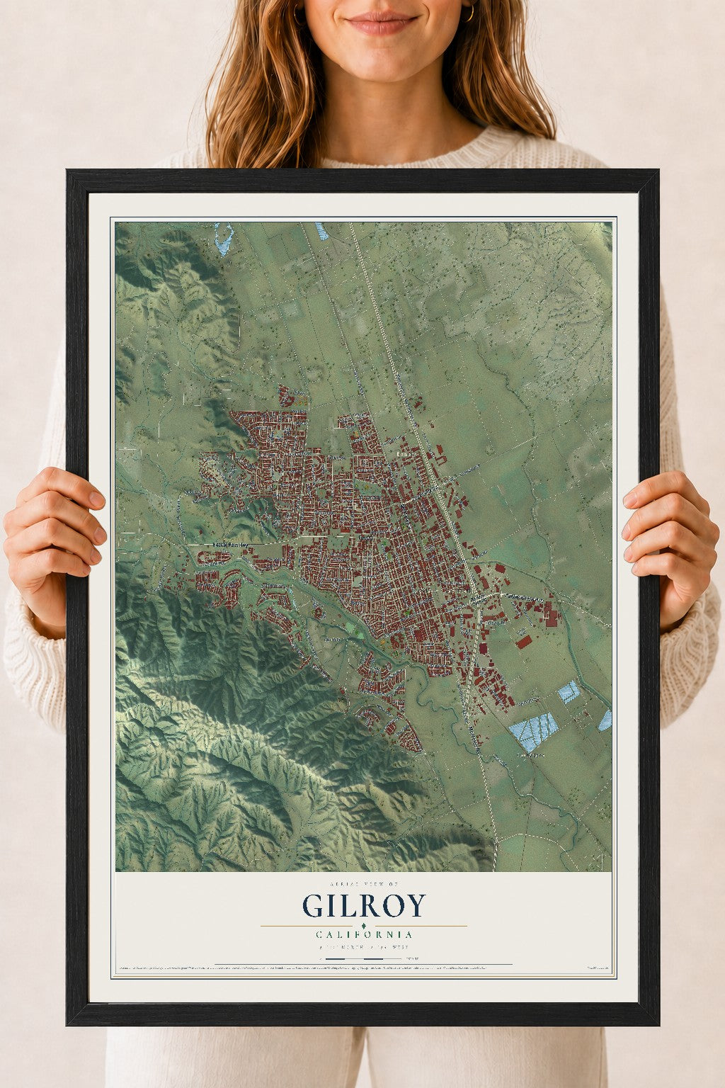 Map of Gilroy, California, 18 x 24 inch print in a black wood frame