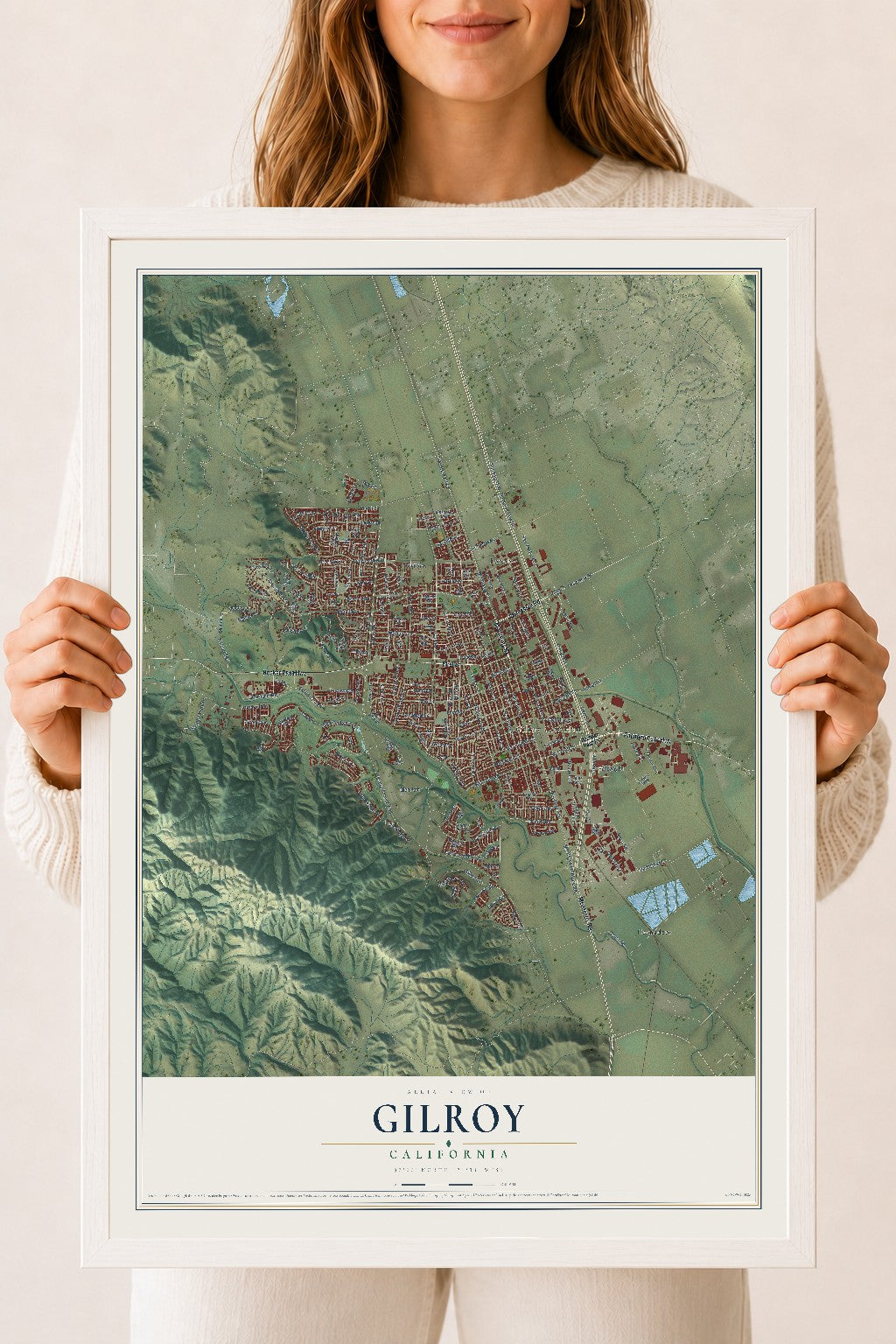 Map of Gilroy, California, 18 x 24 inch print in a white wood frame