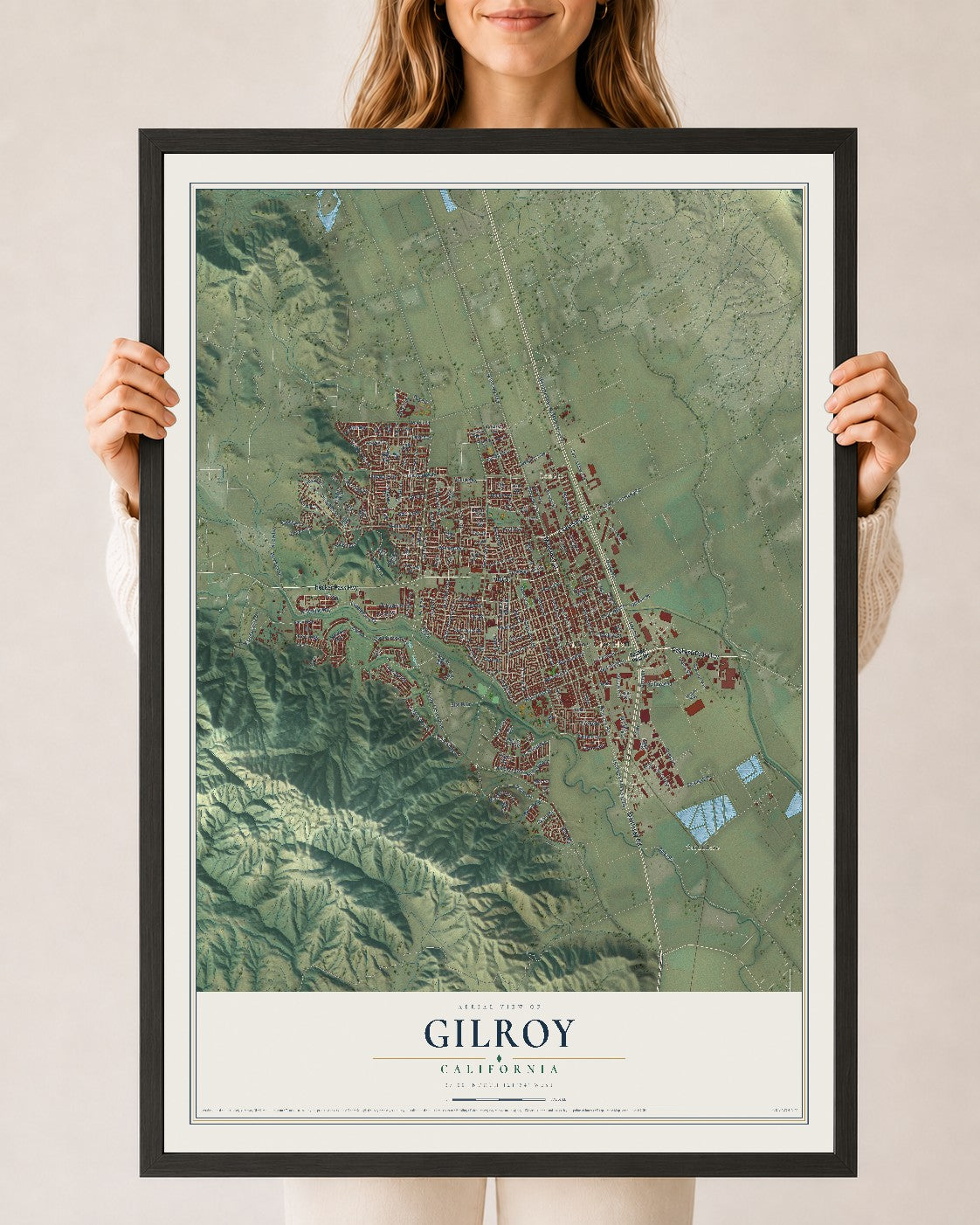 Map of Gilroy, California, 24 x 36 inch print in a black wood frame