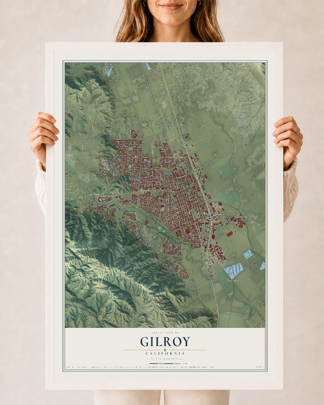 Map of Gilroy, California, 24 x 36 inch print in a white wood frame