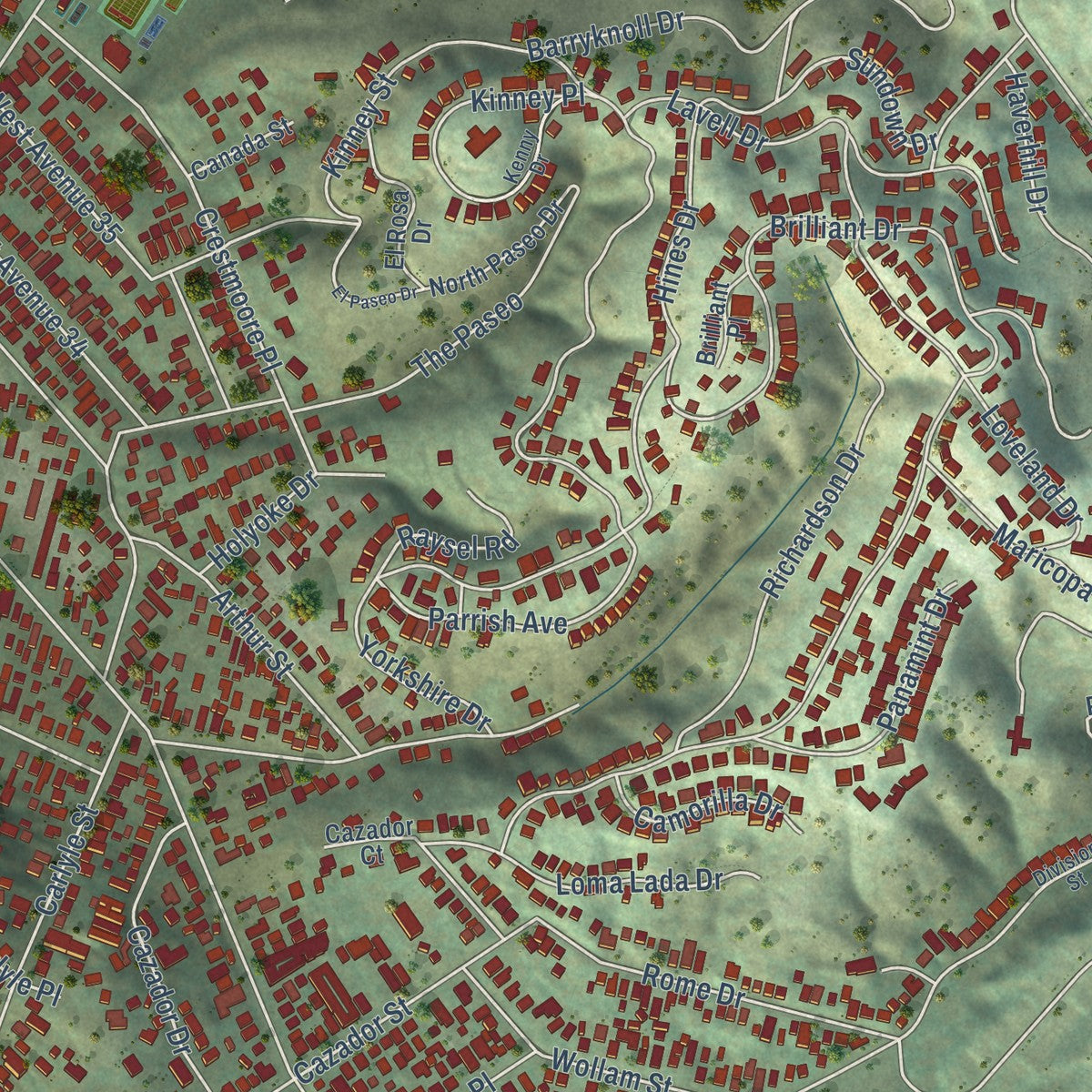 Close-up of the map of Glassell Park, California print showing street and building detail