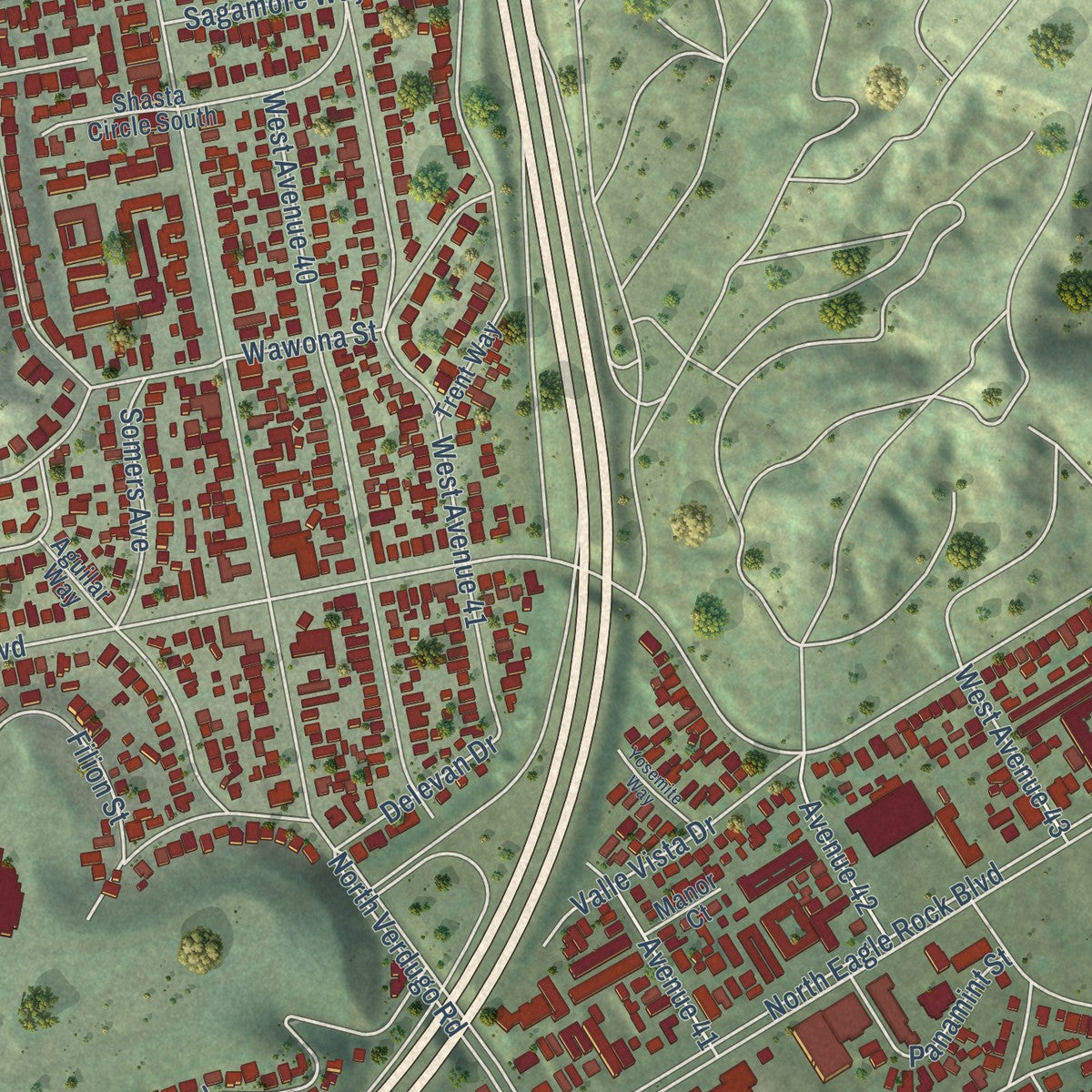 Second close-up of the map of Glassell Park, California print showing more streets and buildings