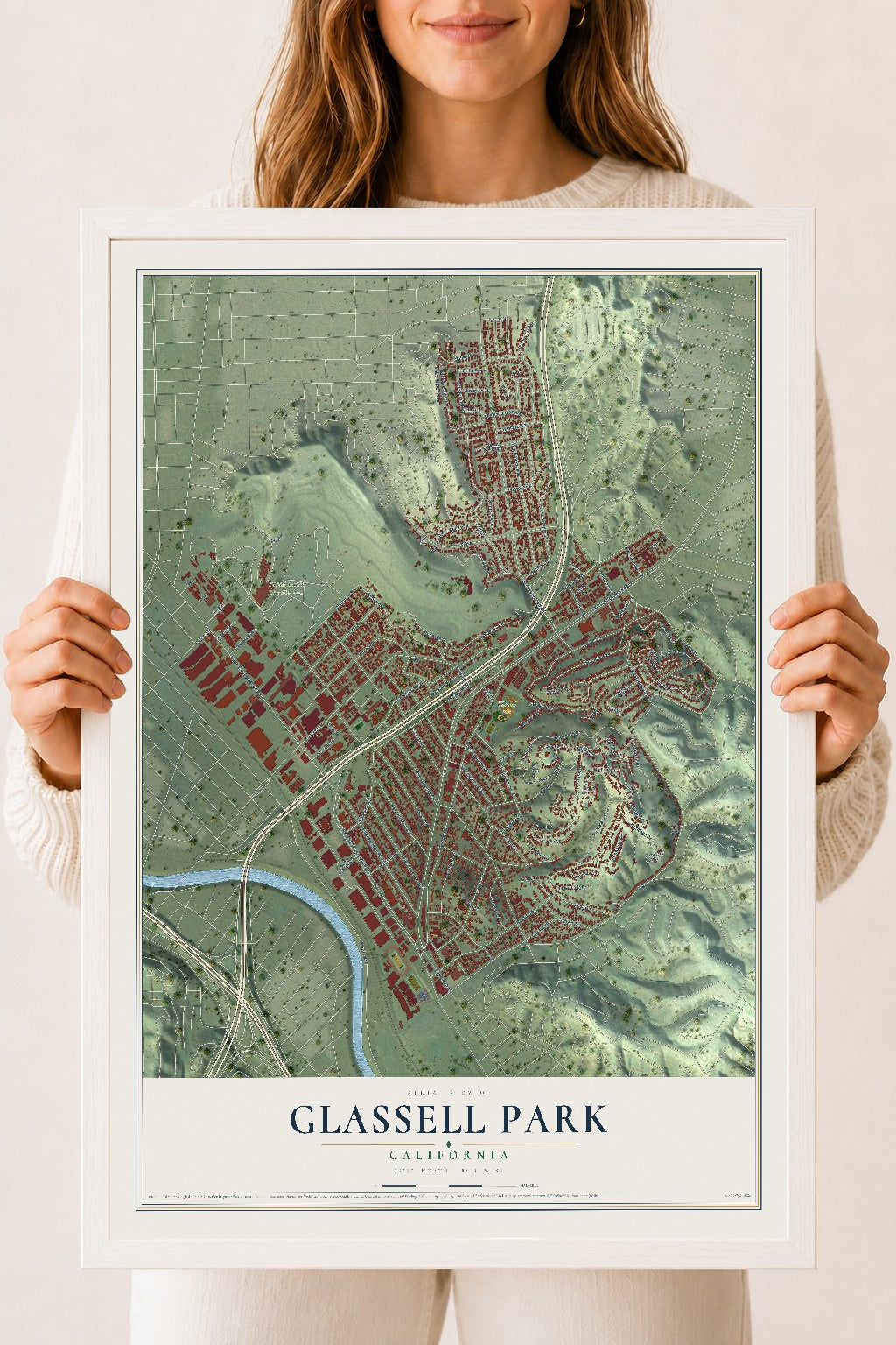 Map of Glassell Park, California, 18 x 24 inch print in a white wood frame