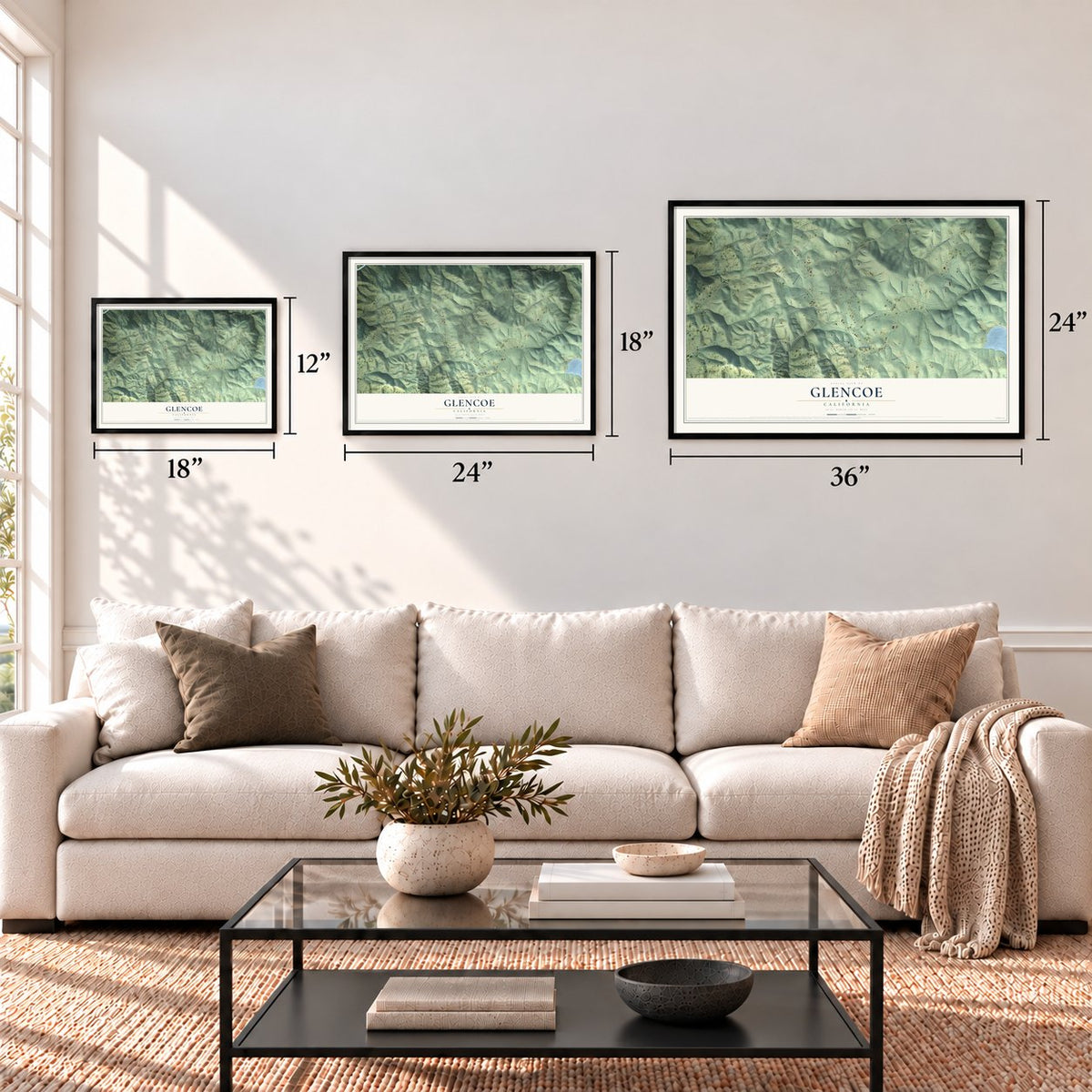 Glencoe, California map in 12 x 18, 18 x 24 and 24 x 36 inch sizes above a sofa