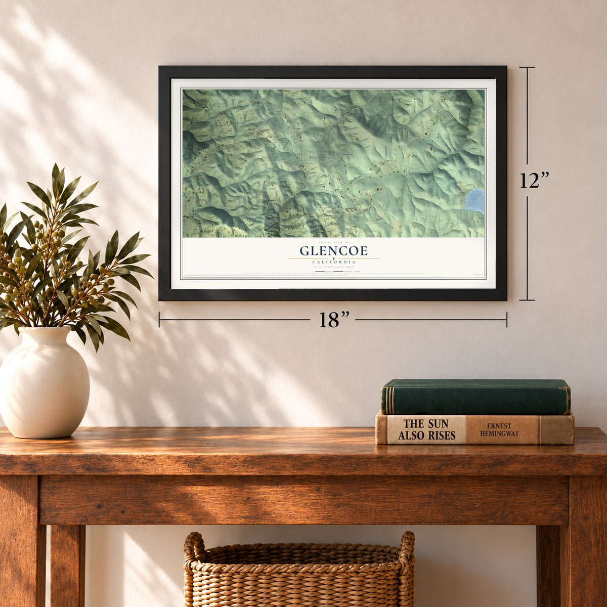 Glencoe, California map, 12 x 18 inch print in a black frame in an entryway