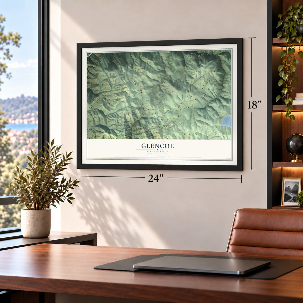 Glencoe, California map, 18 x 24 inch print in a black frame in a home office