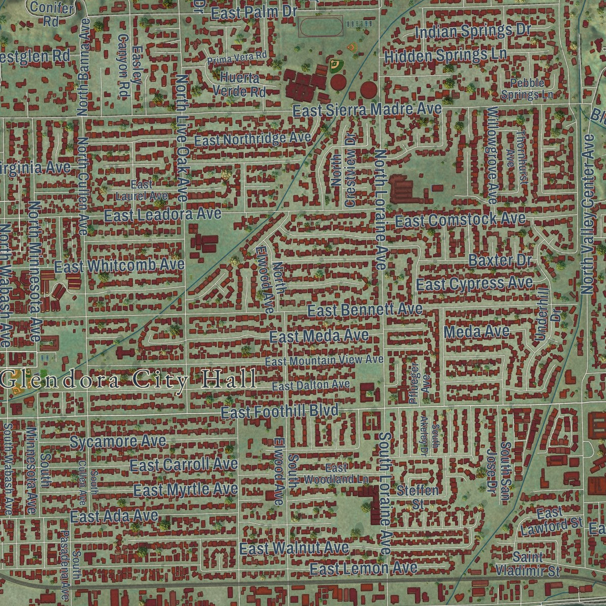 Close-up of the map of Glendora, California print showing street and building detail