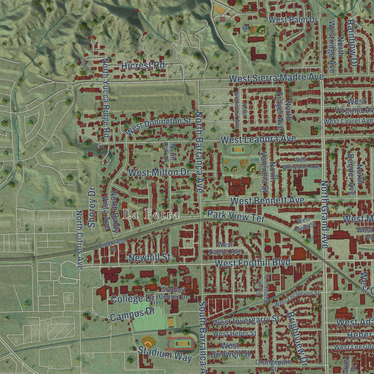 Second close-up of the map of Glendora, California print showing more streets and buildings