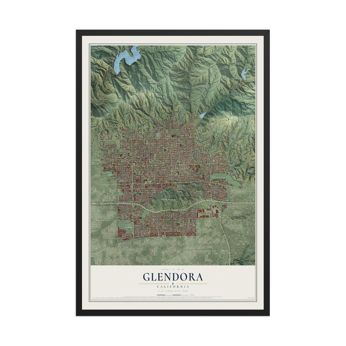 Map of Glendora, California, 12 x 18 inch print in a black wood frame