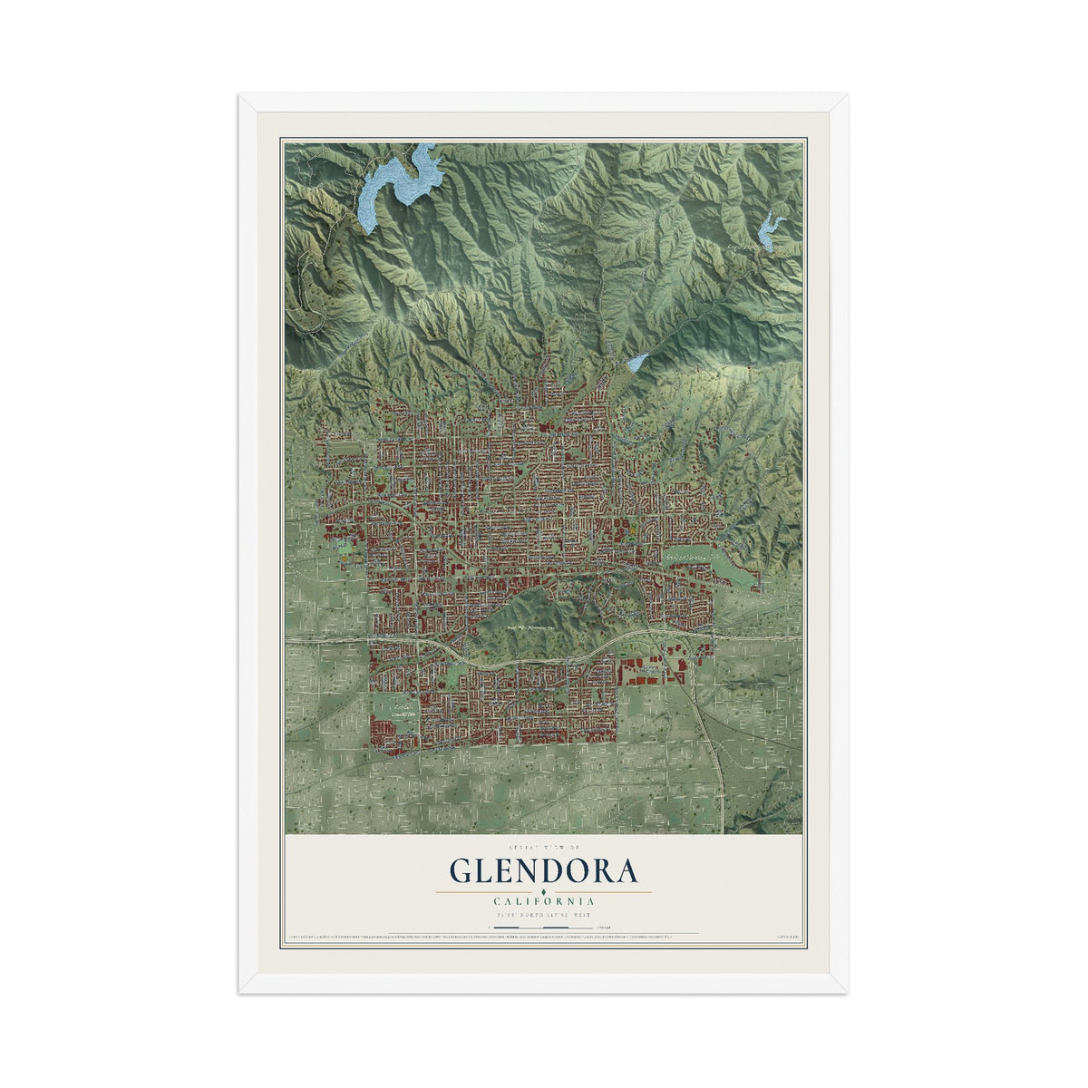 Map of Glendora, California, 12 x 18 inch print in a white wood frame