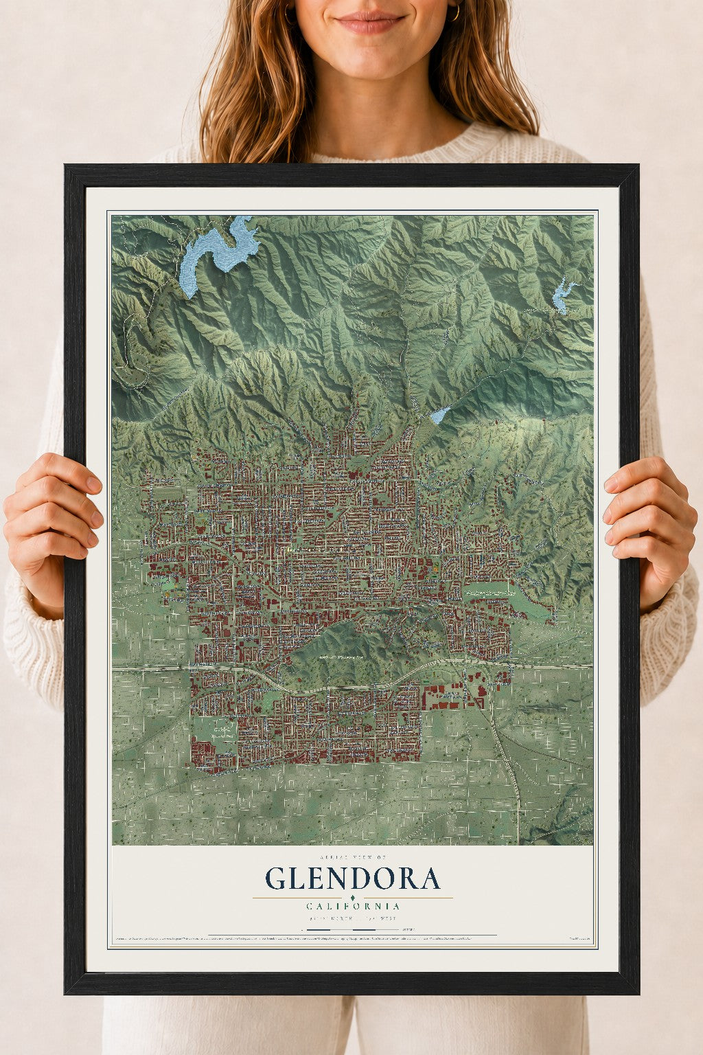 Map of Glendora, California, 18 x 24 inch print in a black wood frame