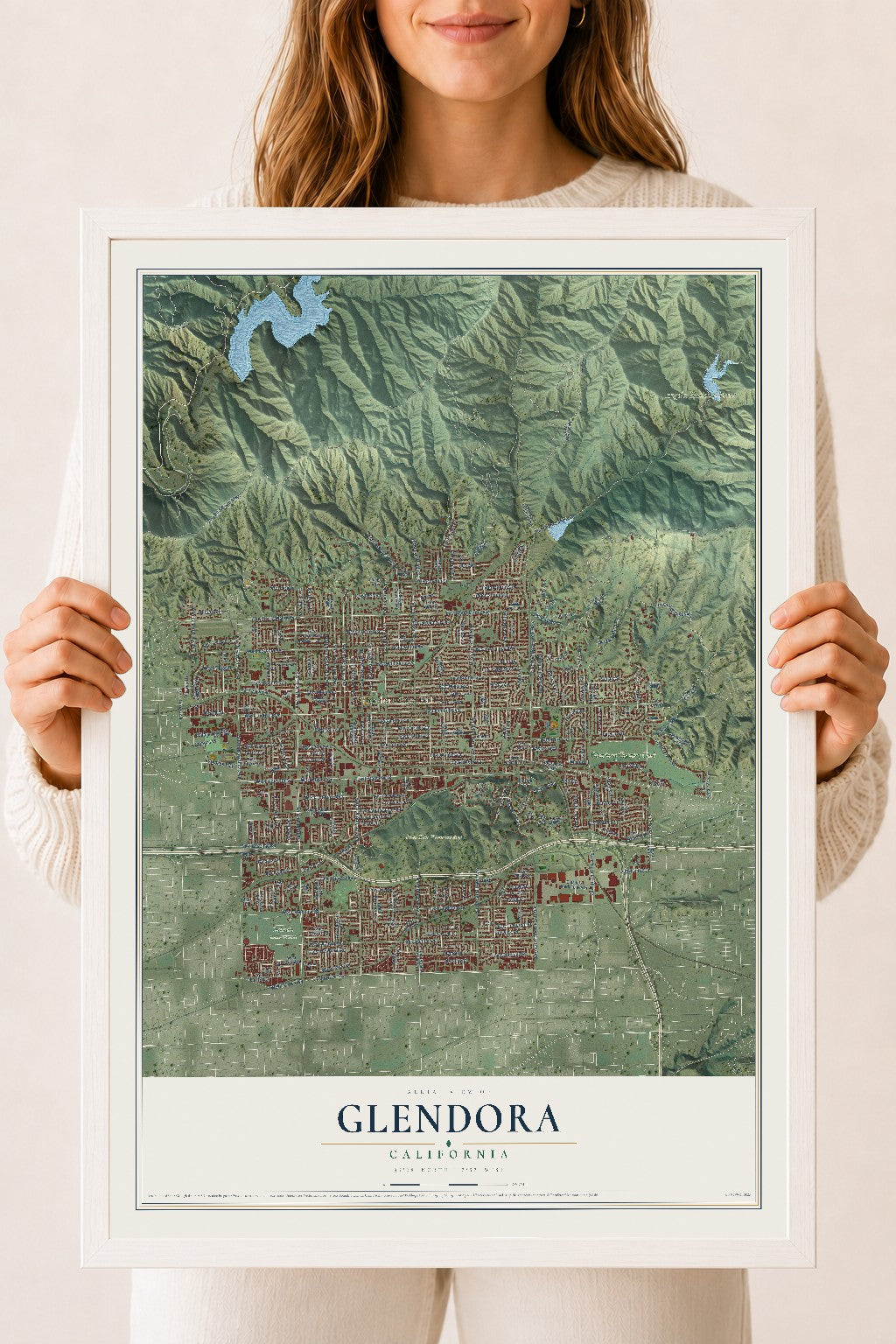 Map of Glendora, California, 18 x 24 inch print in a white wood frame