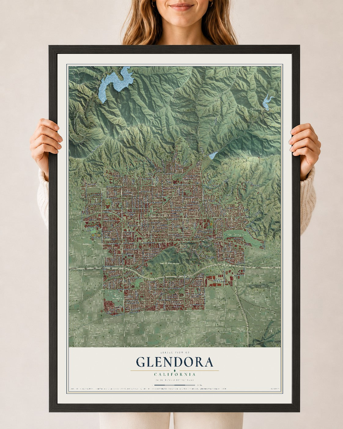 Map of Glendora, California, 24 x 36 inch print in a black wood frame
