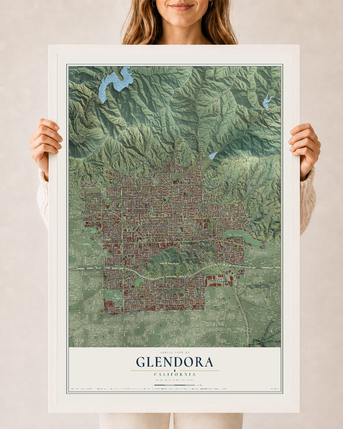 Map of Glendora, California, 24 x 36 inch print in a white wood frame