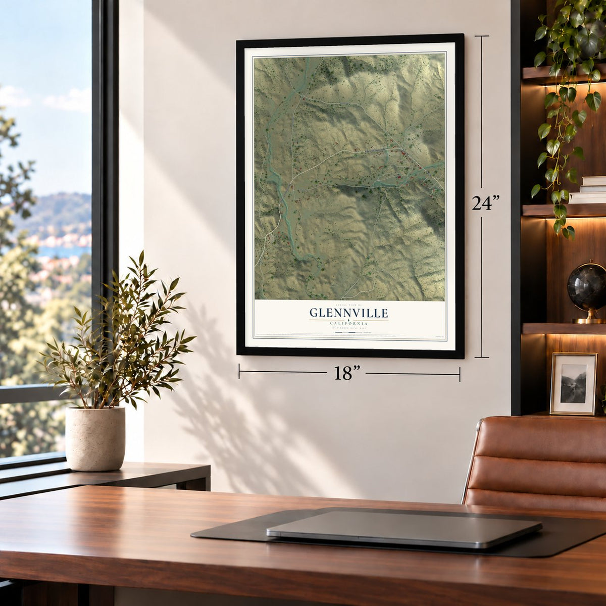 Glennville, California map, 18 x 24 inch print in a black frame in a home office