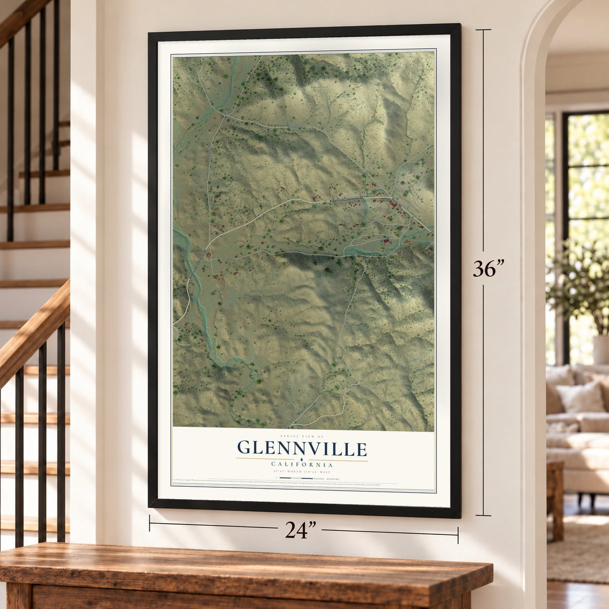 Glennville, California map, 24 x 36 inch print in a black frame by a staircase