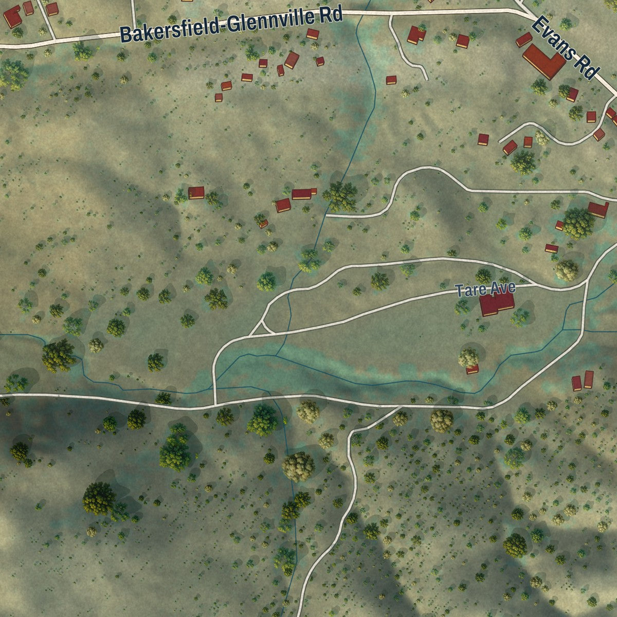 Close-up of the map of Glennville, California print showing street and building detail