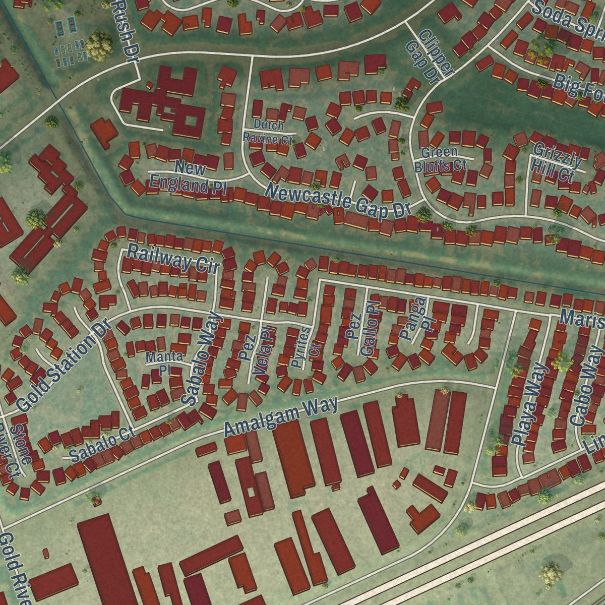 Close-up of the map of Gold River, California print showing street and building detail