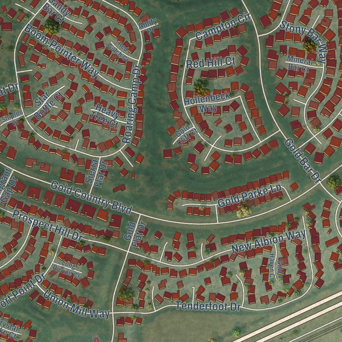 Second close-up of the map of Gold River, California print showing more streets and buildings