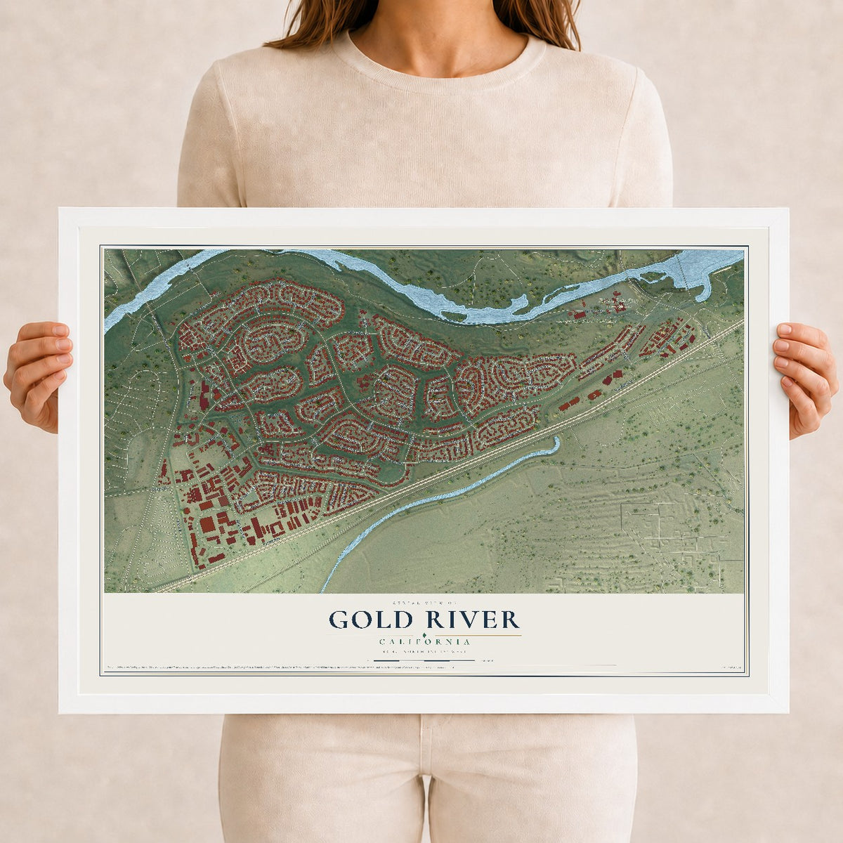Map of Gold River, California, 12 x 18 inch print in a white wood frame