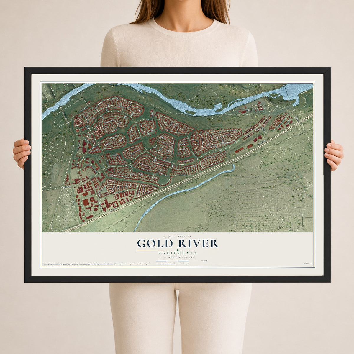 Map of Gold River, California, 24 x 36 inch print in a black wood frame