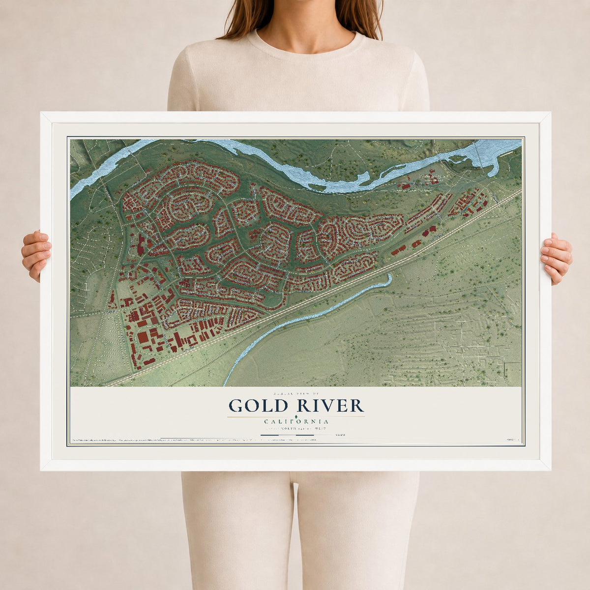 Map of Gold River, California, 24 x 36 inch print in a white wood frame