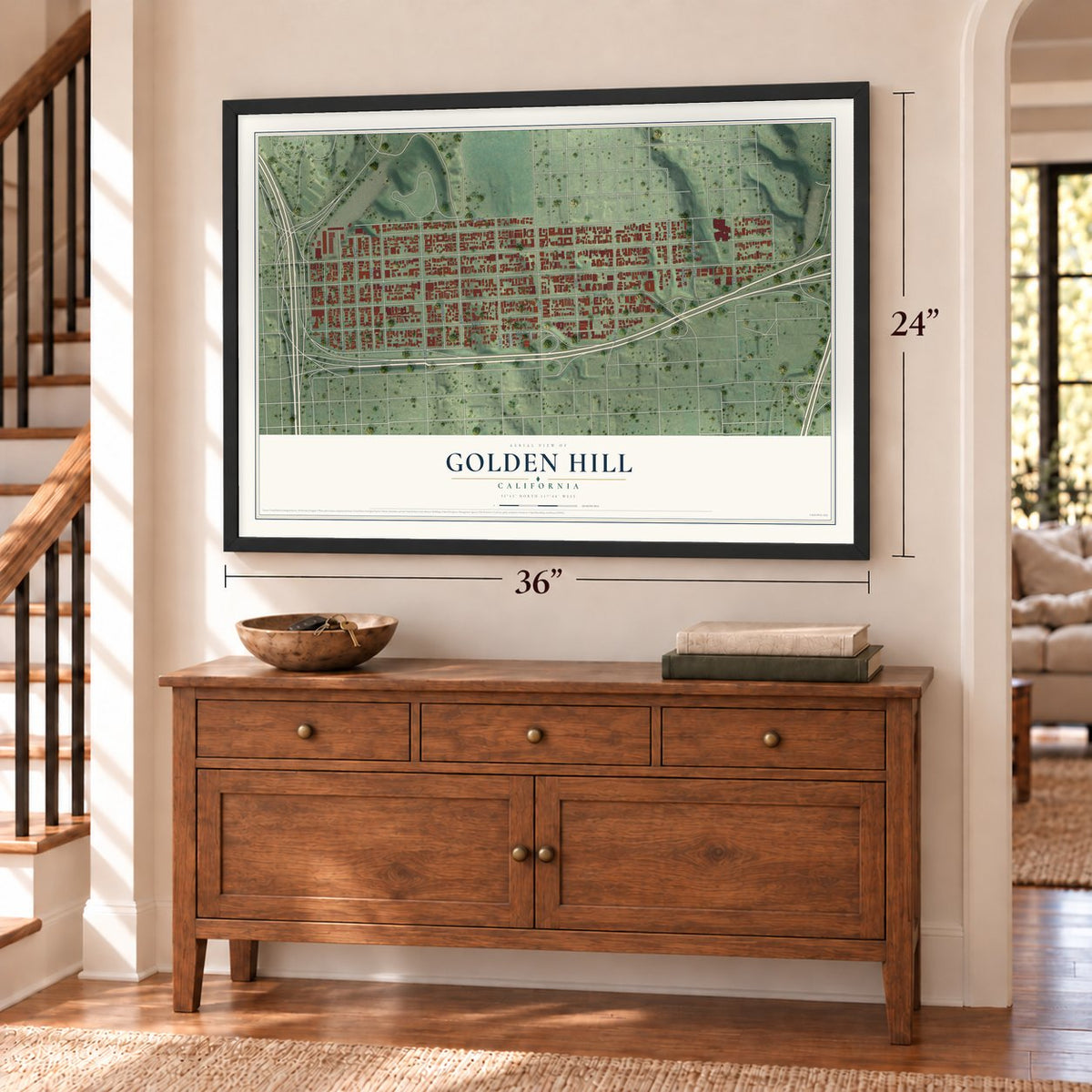 Golden Hill, California map, 24 x 36 inch print in a black frame above a dresser by a staircase