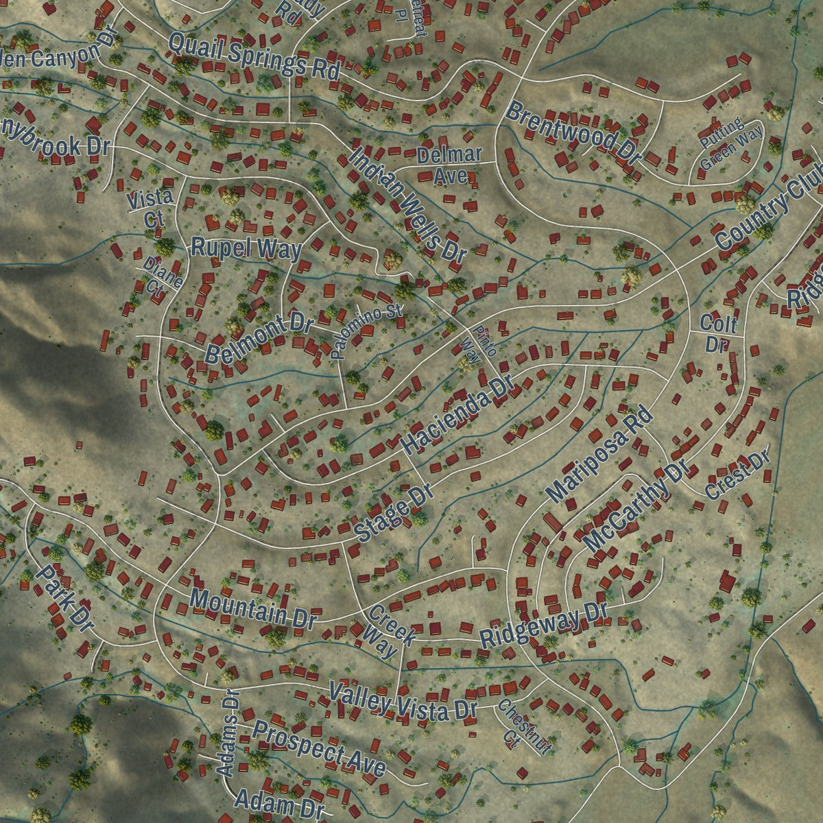 Close-up of the map of Golden Hills, California print showing street and building detail
