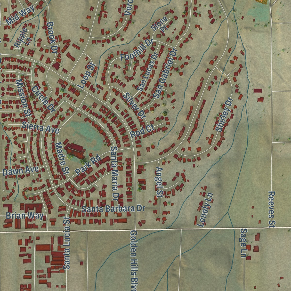 Second close-up of the map of Golden Hills, California print showing more streets and buildings