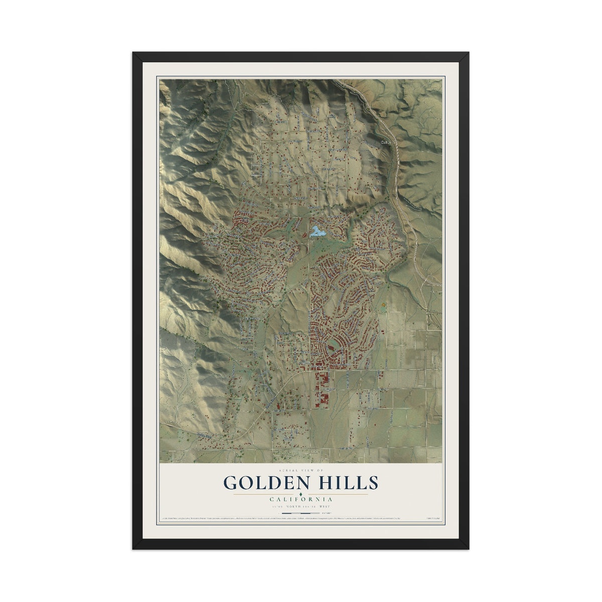 Map of Golden Hills, California, 12 x 18 inch print in a black wood frame