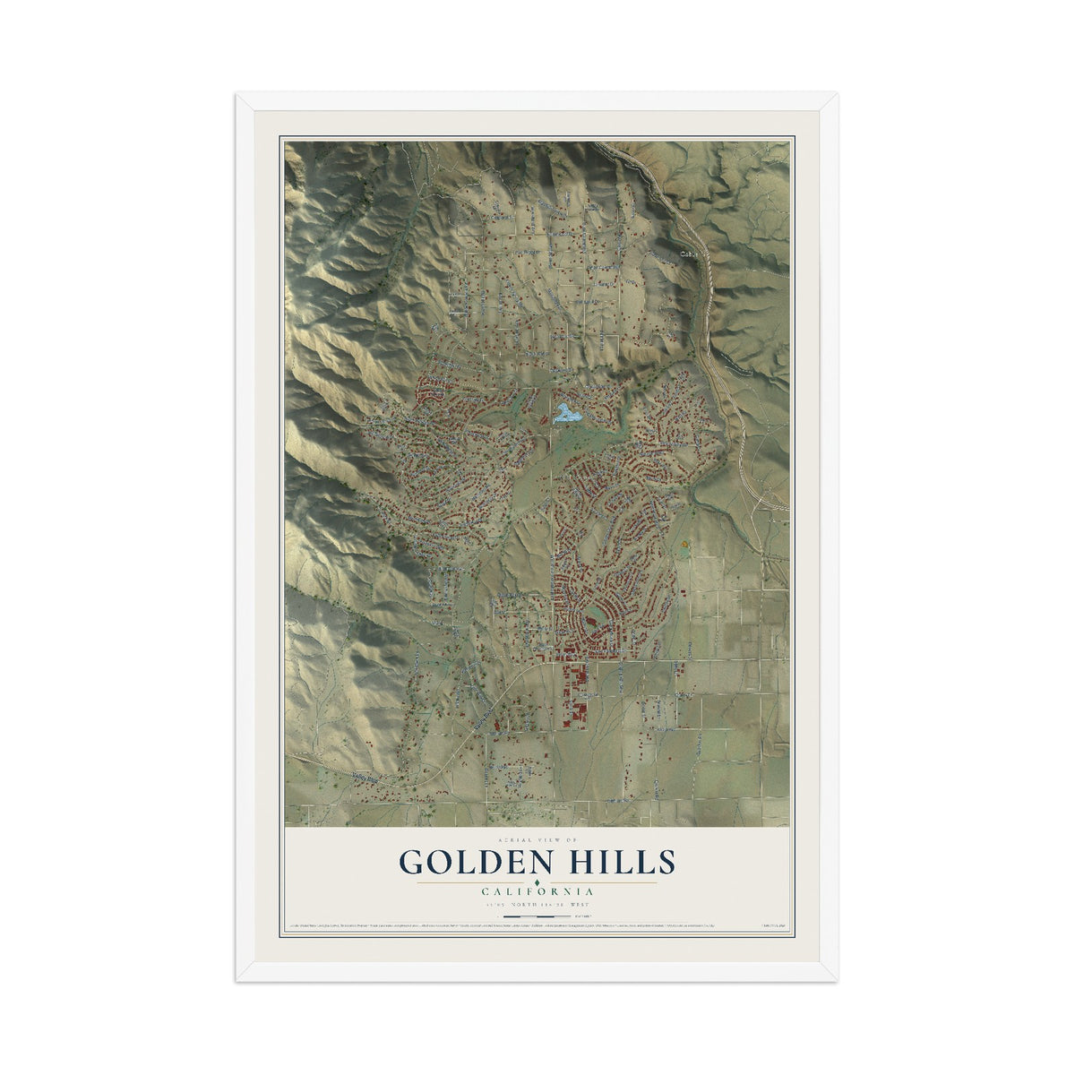 Map of Golden Hills, California, 12 x 18 inch print in a white wood frame