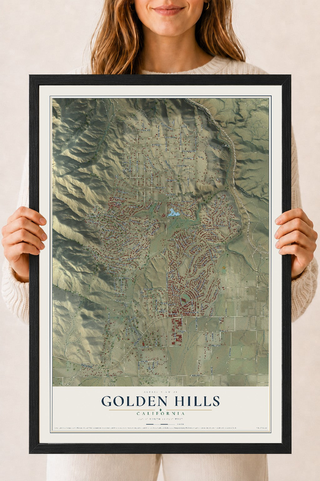 Map of Golden Hills, California, 18 x 24 inch print in a black wood frame
