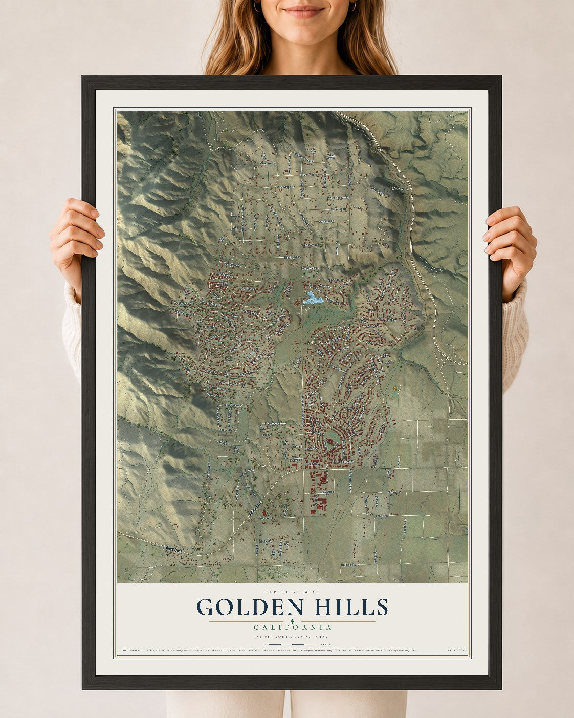 Map of Golden Hills, California, 24 x 36 inch print in a black wood frame