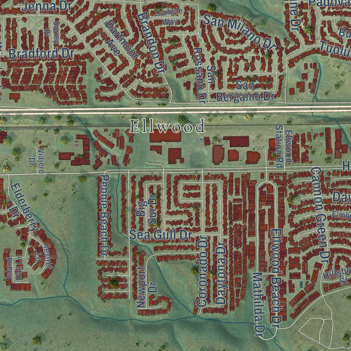 Second close-up of the map of Goleta, California print showing more streets and buildings