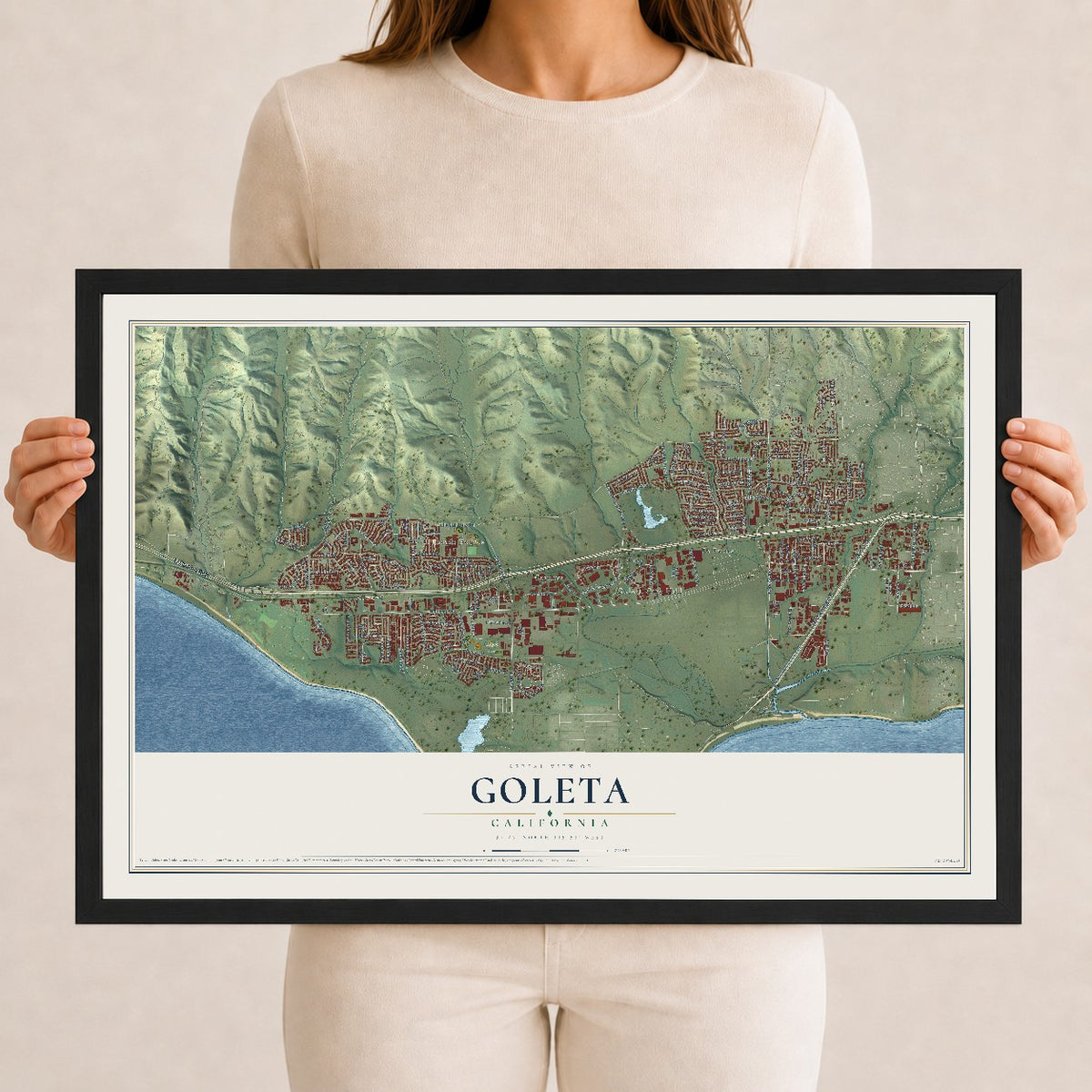 Map of Goleta, California, 12 x 18 inch print in a black wood frame