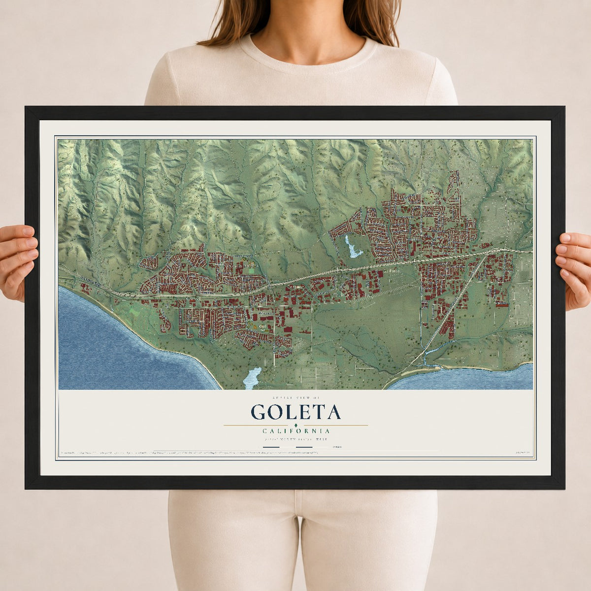 Map of Goleta, California, 18 x 24 inch print in a black wood frame
