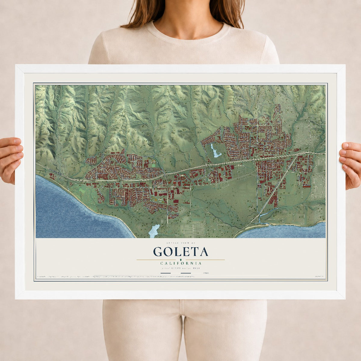 Map of Goleta, California, 18 x 24 inch print in a white wood frame