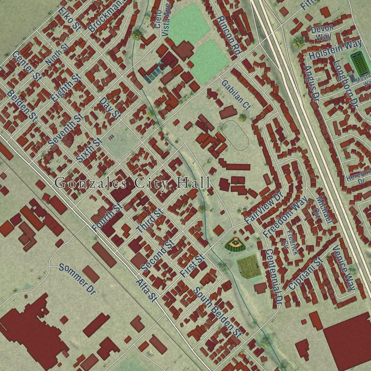 Close-up of the map of Gonzales, California print showing street and building detail