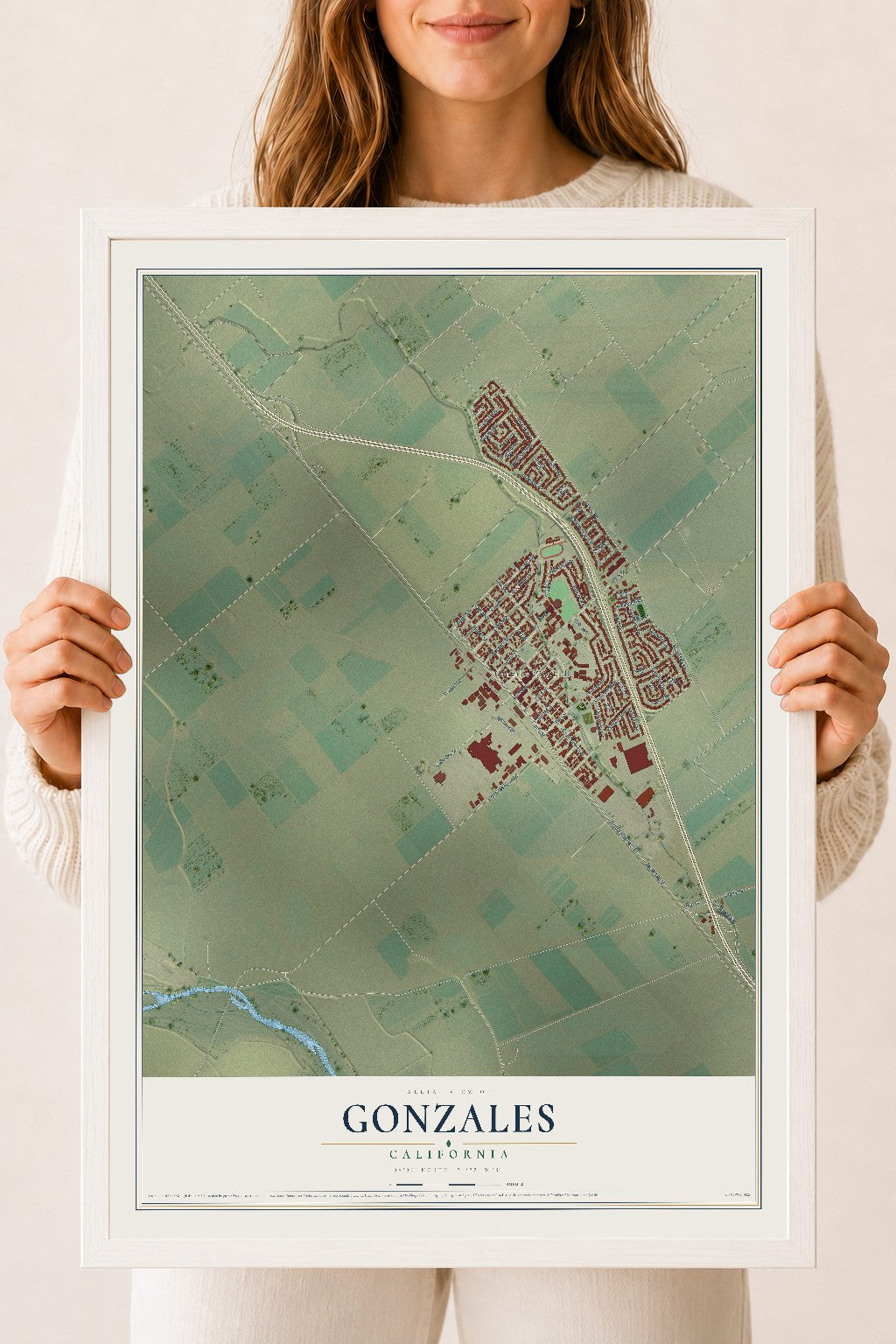 Map of Gonzales, California, 18 x 24 inch print in a white wood frame