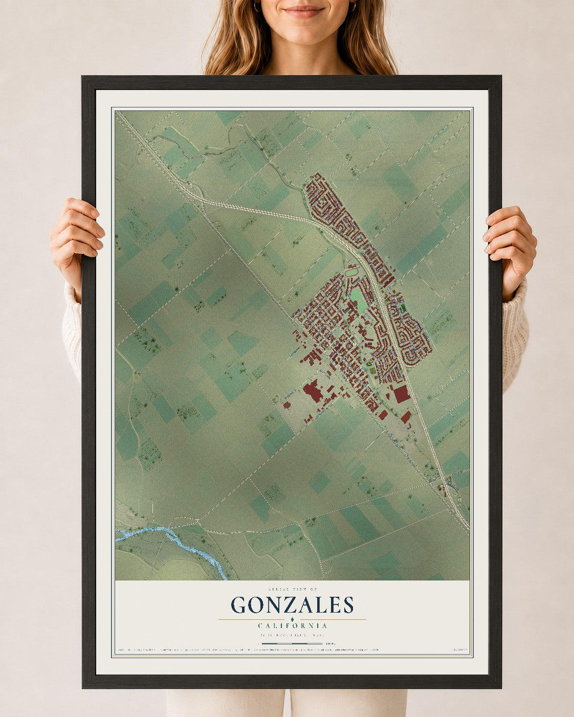 Map of Gonzales, California, 24 x 36 inch print in a black wood frame