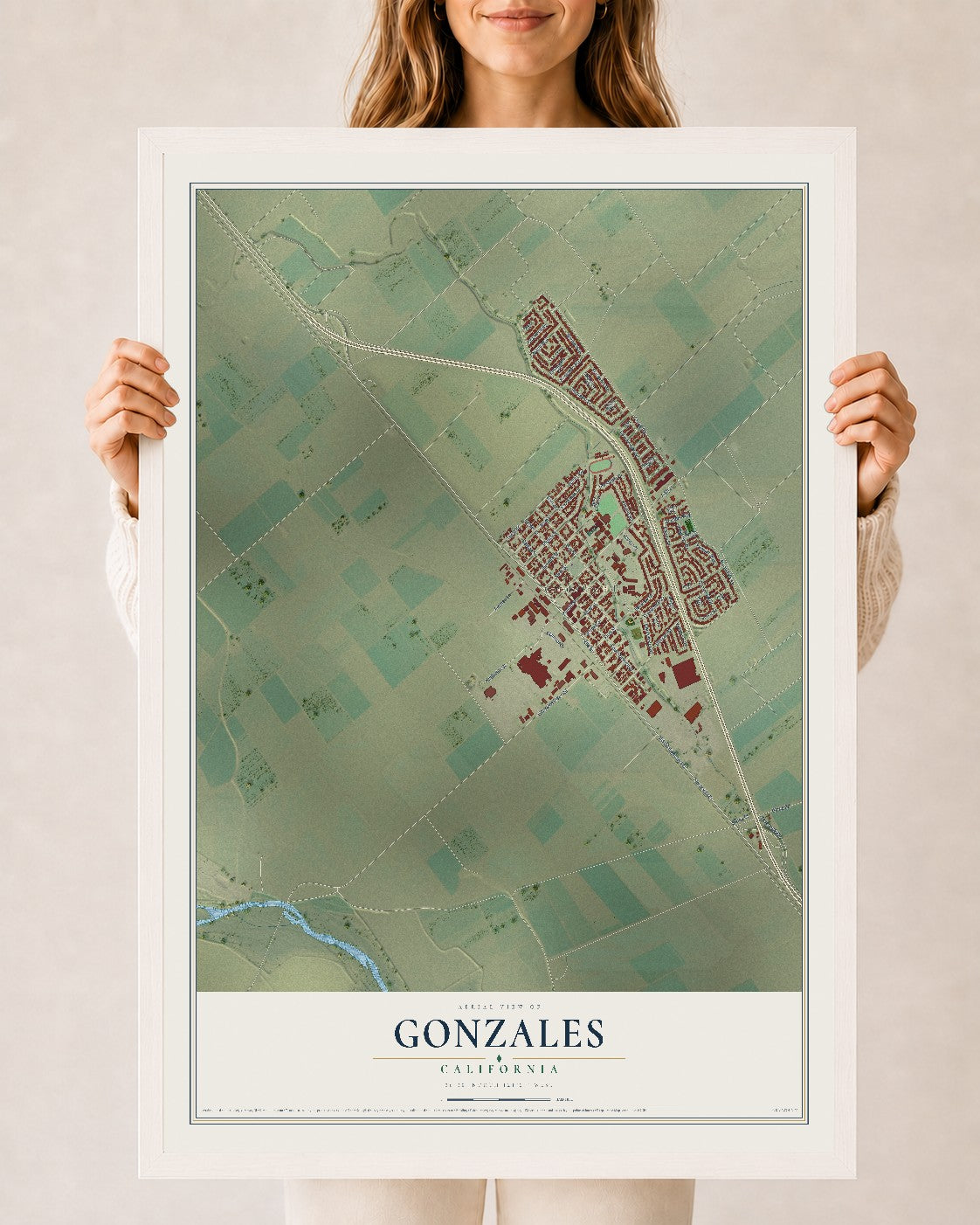 Map of Gonzales, California, 24 x 36 inch print in a white wood frame
