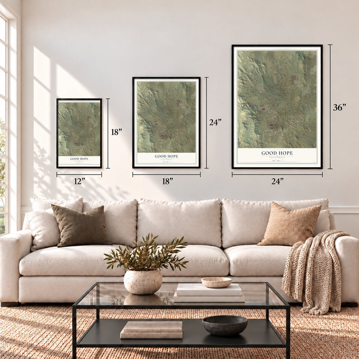 Good Hope, California map in 12 x 18, 18 x 24 and 24 x 36 inch sizes above a sofa